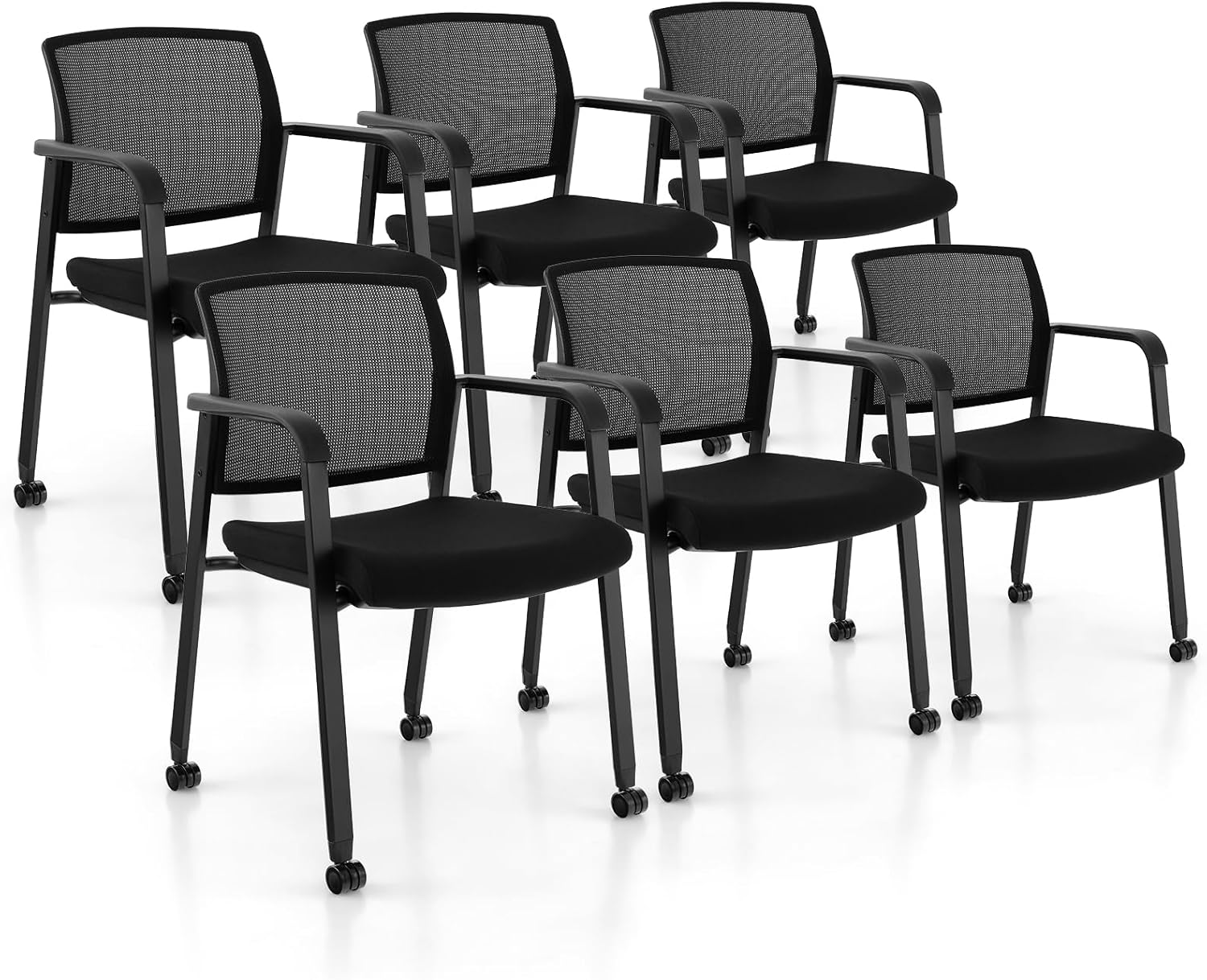 Giantex 6-Pack Waiting Room Chair Set, Rolling Office Desk Chairs with PU Wheels, Armrests, Stackable Guest Chair for Office, School, Lobby,Reception, Conference, Black