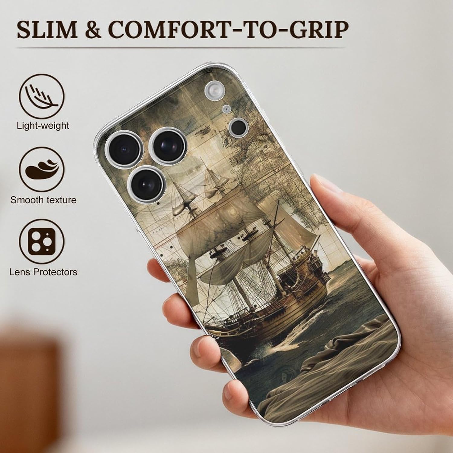 Clear Phone Case for iPhone 17 Pro Max Case, Nautical Sailing Pirate Theme Prints Shockproof TPU Cell Cover with Wireless Charging, Anti-Yellowing, Transparent image 3