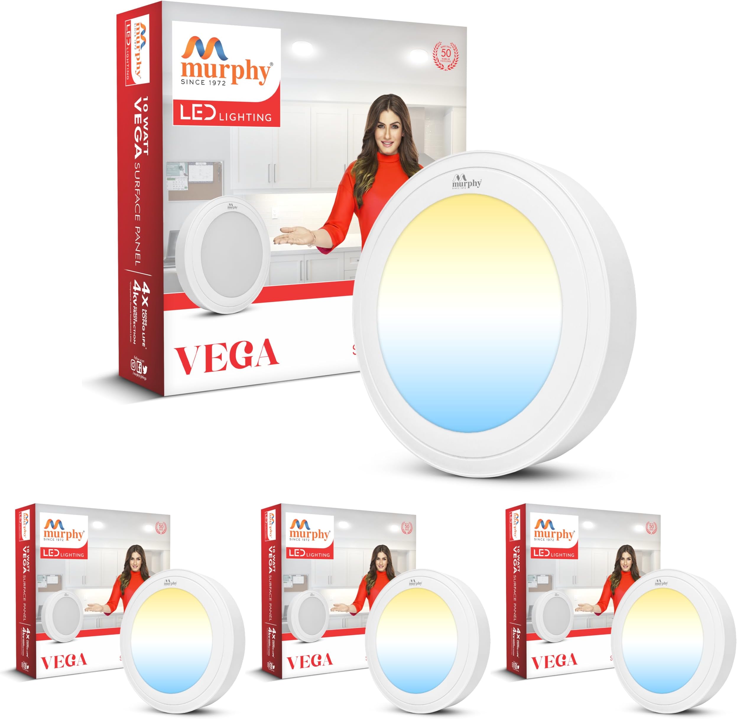 Murphy Aluminium 10W Vega 3-In-1 Round Led Panel Color Changing Surface Light (Cool White/Warm White/Natural White, Pack Of 4)