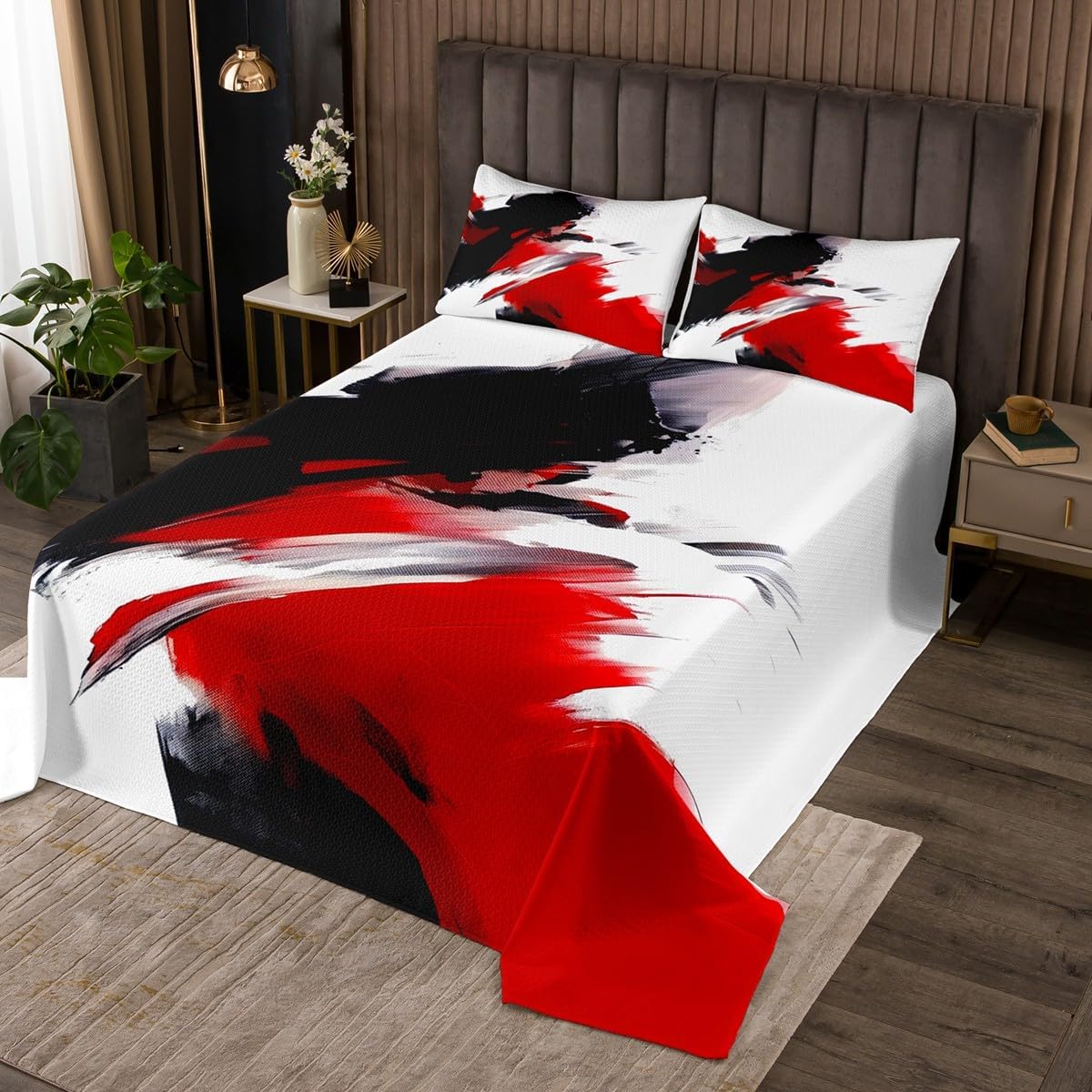 jejeloiu Red Black and White Bedspread King Size Kids Abstract Geometric Coverlet Set Teens Modern Minimalist Quilted Coverlet Breathable Soft Lightweight Room Decor