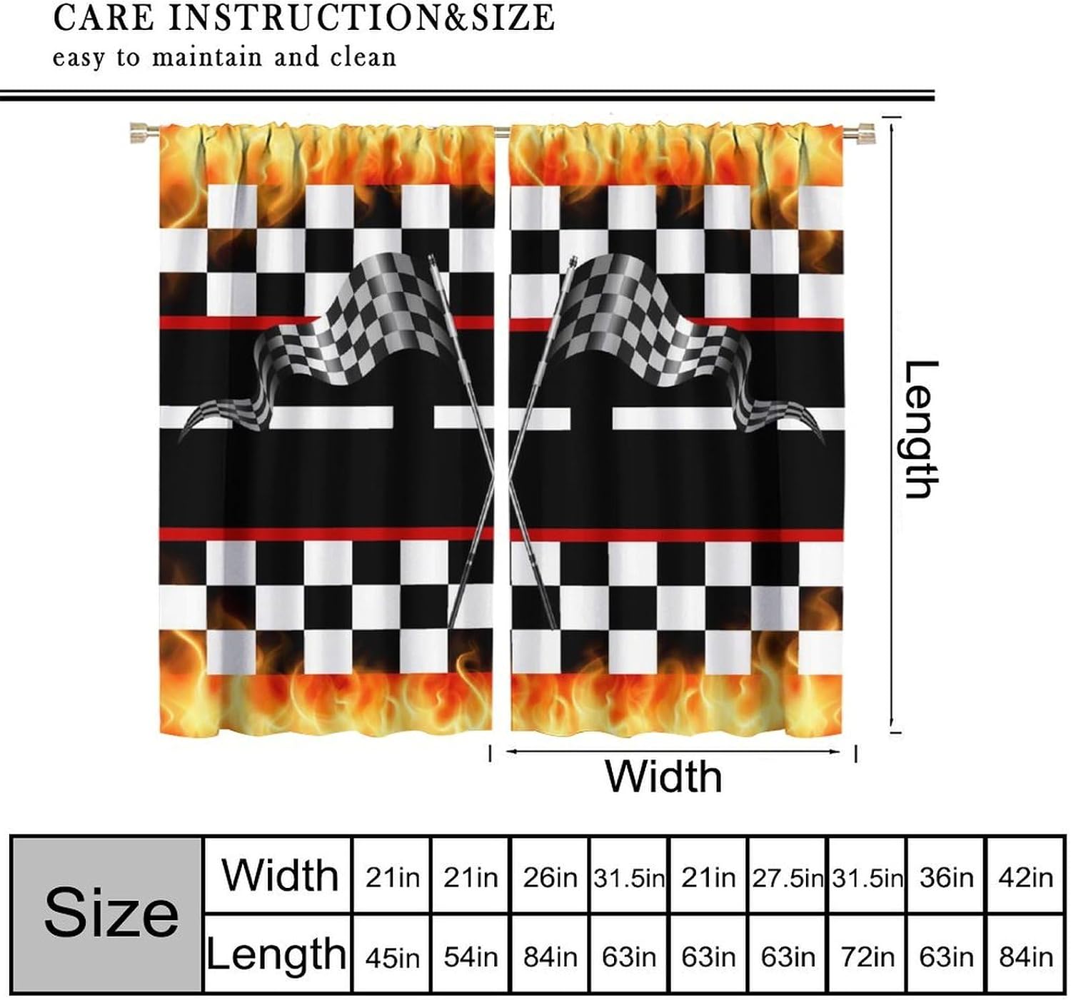 Flame Race Car Curtains, Racing Track Black White Grid Extreme Sports Blackout Window Treatments Drapes for Kids Boys Girls Bedroom Playroom Nursery 63" W X 72" L