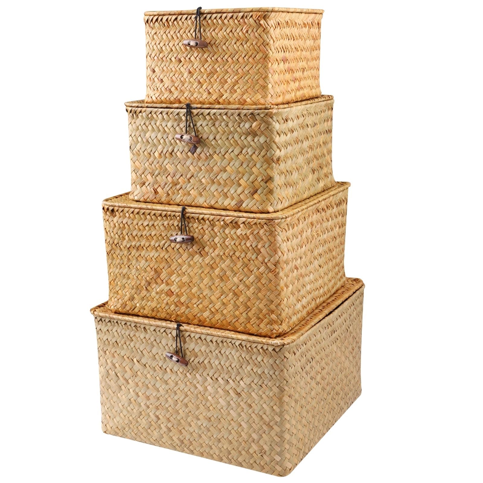 Set Of 4 Seagrass Basket With Lid Wicker Storage Decor Boxes Flat Bins Woven Organizer Baskets For Shelf For Storage