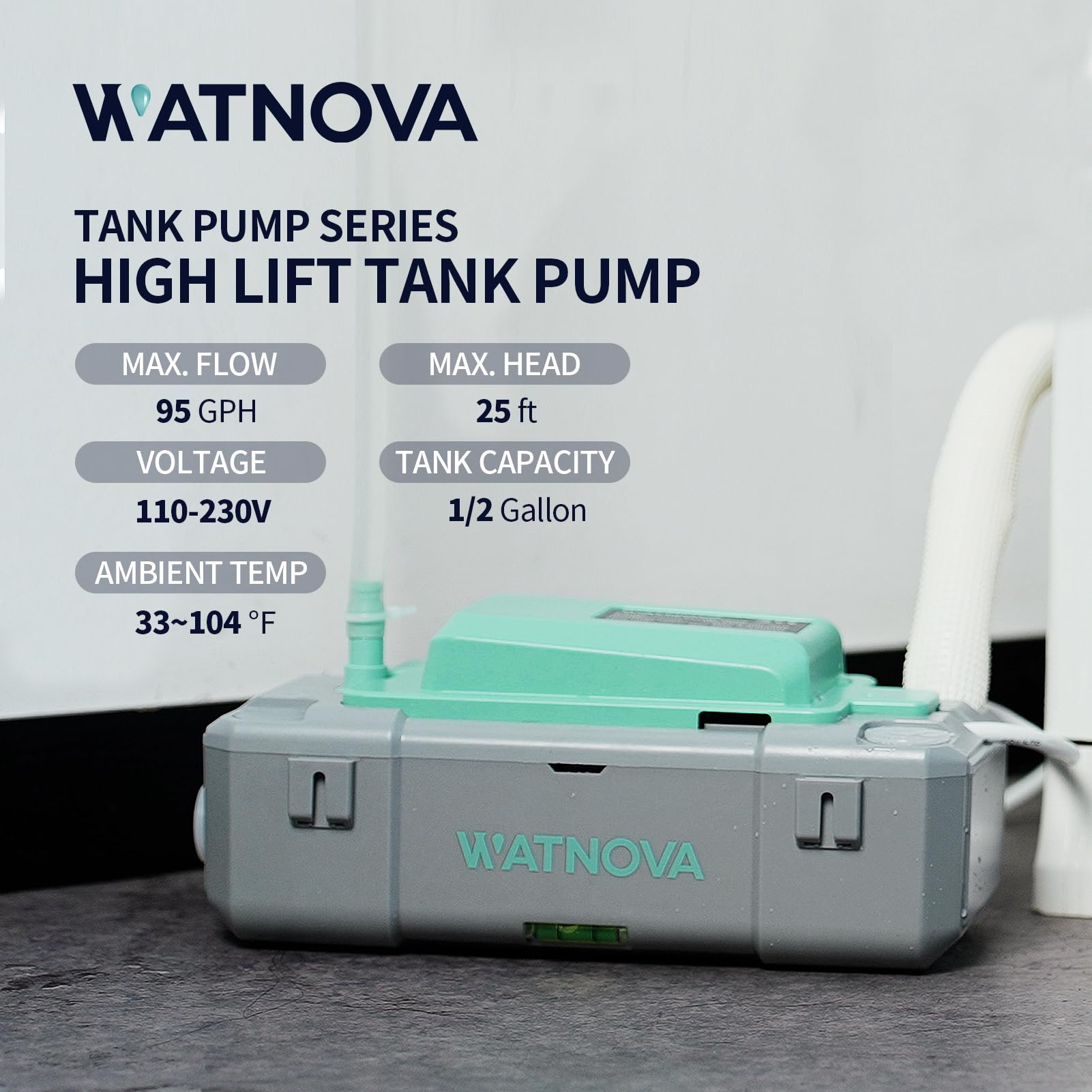 Watnova Condensation Pump 100-230V~, 50-60Hz, 95 GPH, 25ft, Automatic Condensate Removal Pump with Safety Switch for Hvac, Dehumidifier, Air Conditioning Unit