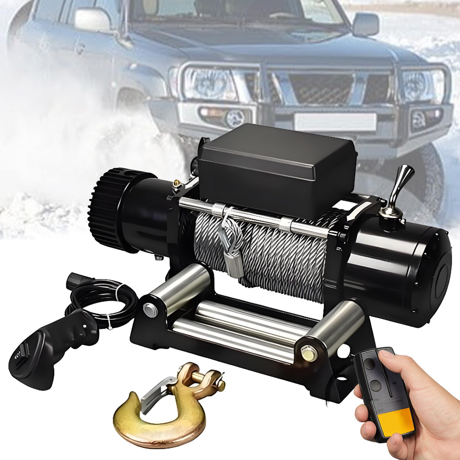 Quixnova 3000/3500/4000/4500/6000LBS Electric Winch with Steel Rope, Wireless and Hand Remote Controller & Roller Fairlead for SUV, Truck & Trailer 3500LBS