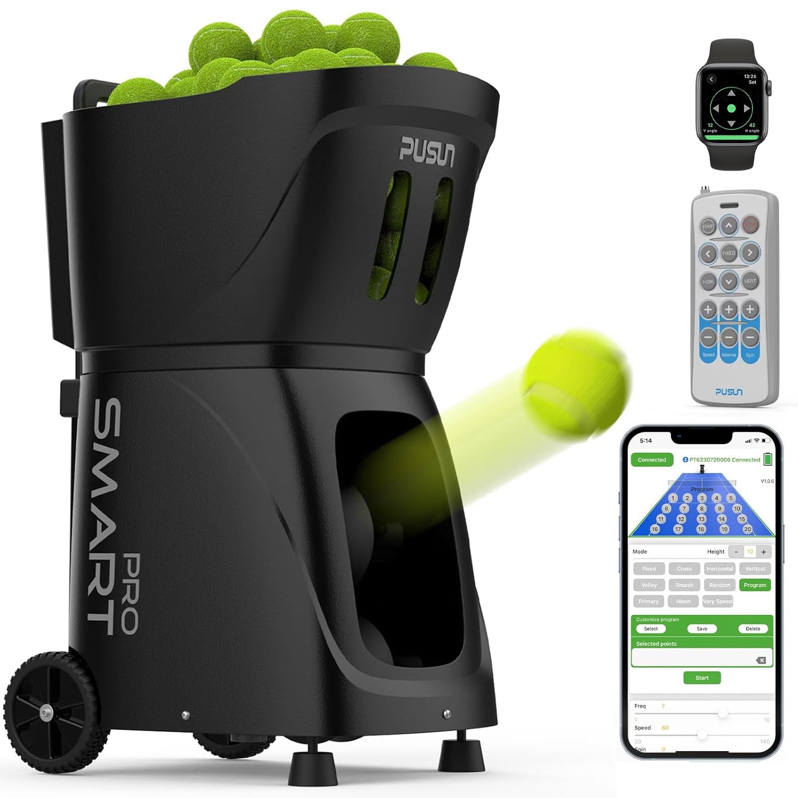 PUSUN PT-Smart PRO - Macchina per palline da tennis, alta capacità, controllo da APP/telecomando/iWatch, 20 punti di atterraggio e velocità variabile, batteria 4-6 ore per principianti
