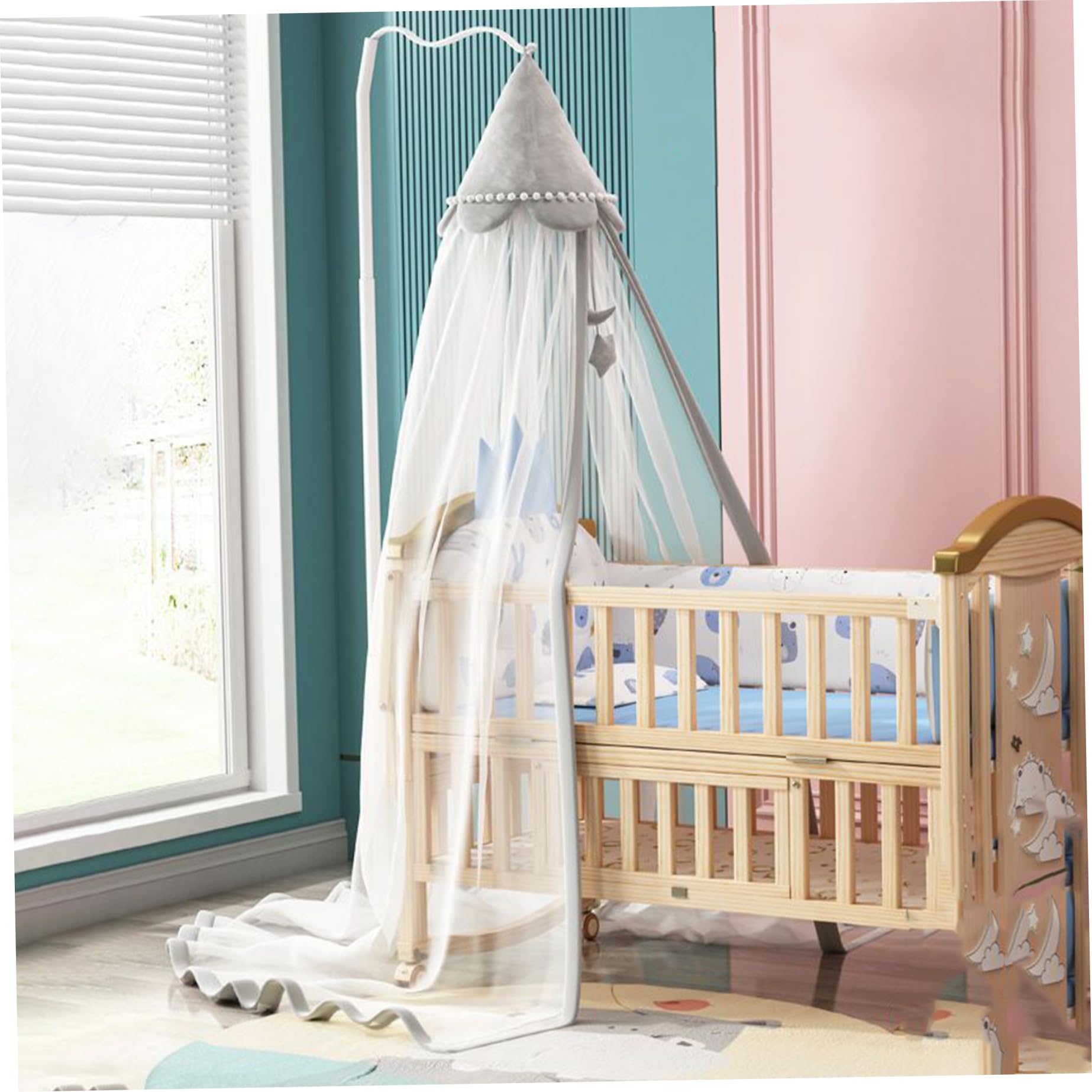 Peosaard Crib Canopy Hanging Fine Mesh Dome-Shape Crib Net to Keep Baby In with Door Flaps & Floor-Hugging Border 236x87 In Breathable Crib Tent for Infant Toddler, Crib Tent, Without Stand (Grey)