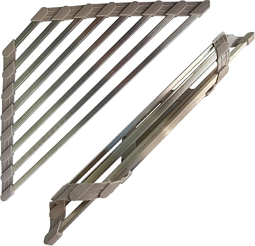 Miniatura 8 de Escurridor de platos triangular para fregadero de esquina enrollable, plegable, de acero inoxidable, multiusos, para colocar sobre el fregadero,