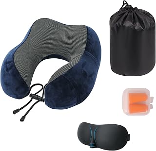 Travel Neck Pillow, Soft and Comfortable Memory Foam Neck Cushion, Head & Chin Support Travel Pillow Machine Washable for Travel Flight Car Bus Train,with 3D Eye Mask,Earplugs,Luxury Bag (Blue)