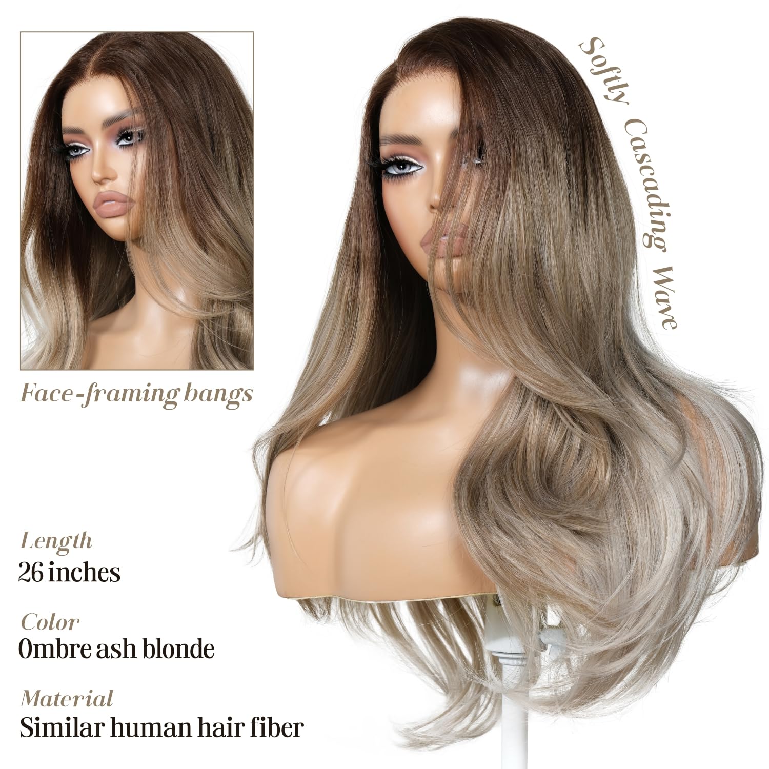 ENCOUNTERU Ash Blonde 13x4 Synthetic Lace Front Ombre Wig with Bangs Pre Plucked Pre Cut Layered Body Wave Wear and Go Glueless Wig for Women Bold Chic and Realistic 23 Inch