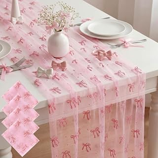 4 Pcs Pink Bow Table Runners 29 X 70 Inch Tulle Lace Party