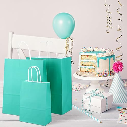 Miniatura 6 de MIMIND 144 bolsas de regalo color verde azulado con asas, bolsas de papel, baby shower, cumpleaños, boda, suministros de fiesta, bolsas de compras
