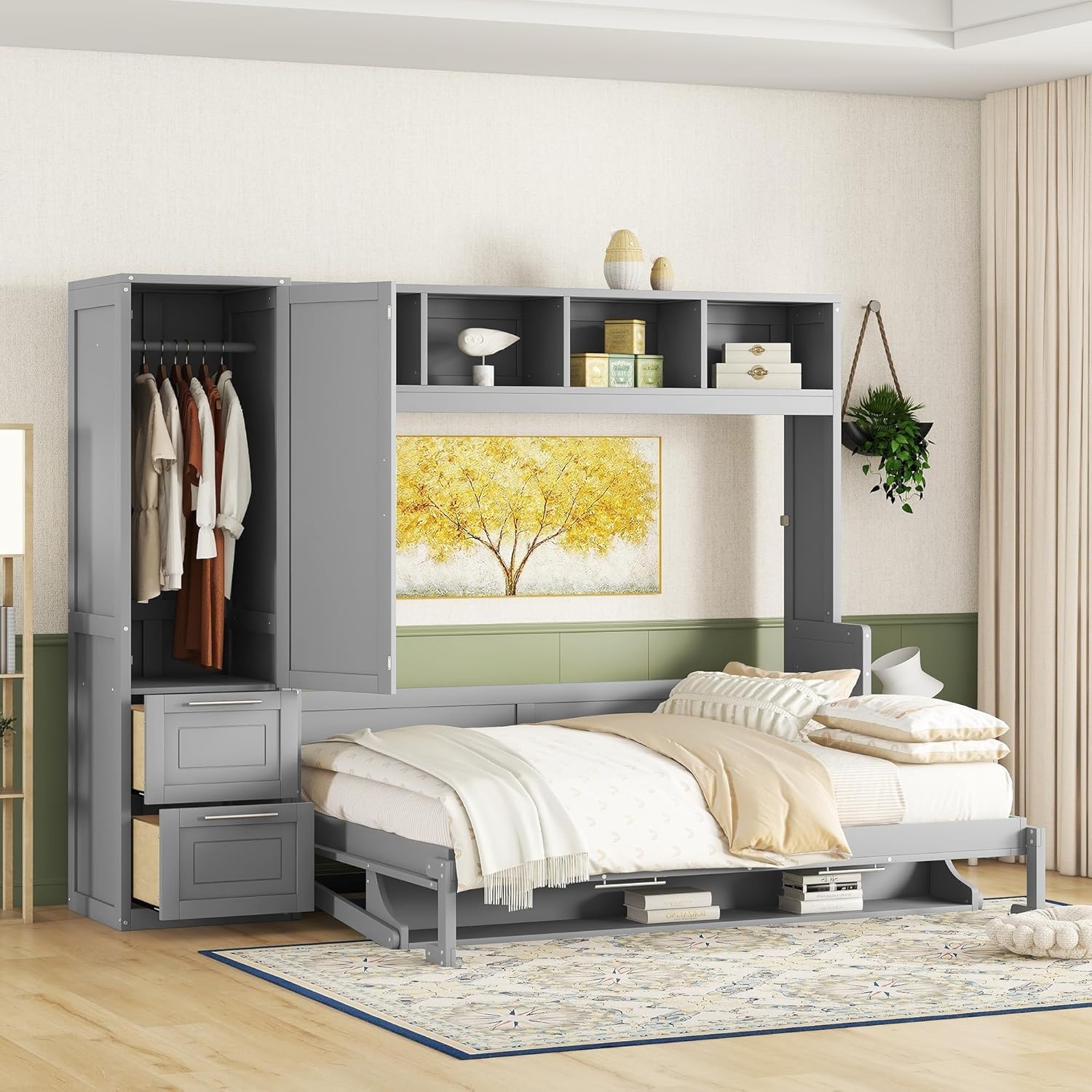 MERITLINE Queen Murphy Bed with Wardrobe Closet,2 Drawer,4 Storage Open Shelves,Wood Folding Murphy Wall Bed Cabinet (Grey)