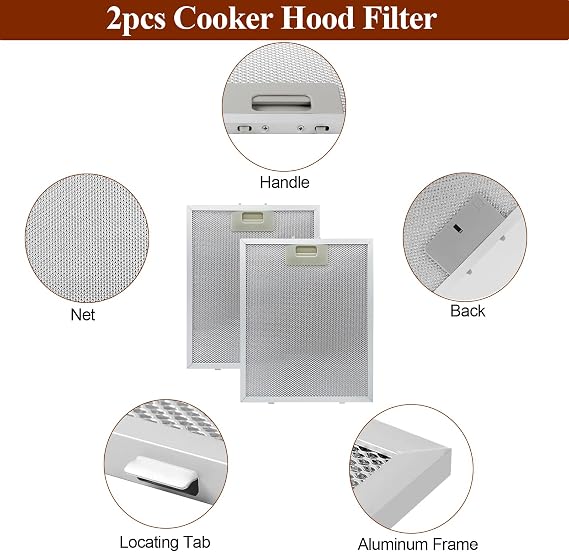 2 Pack Cooker Hood Filter Grease Metal, Aluminum Universal Mesh Hood Vent Filter, Extractor Fan Filter, Filter for Extractor Fan Cooker Hood, 5 Layer, 320X260X9mm