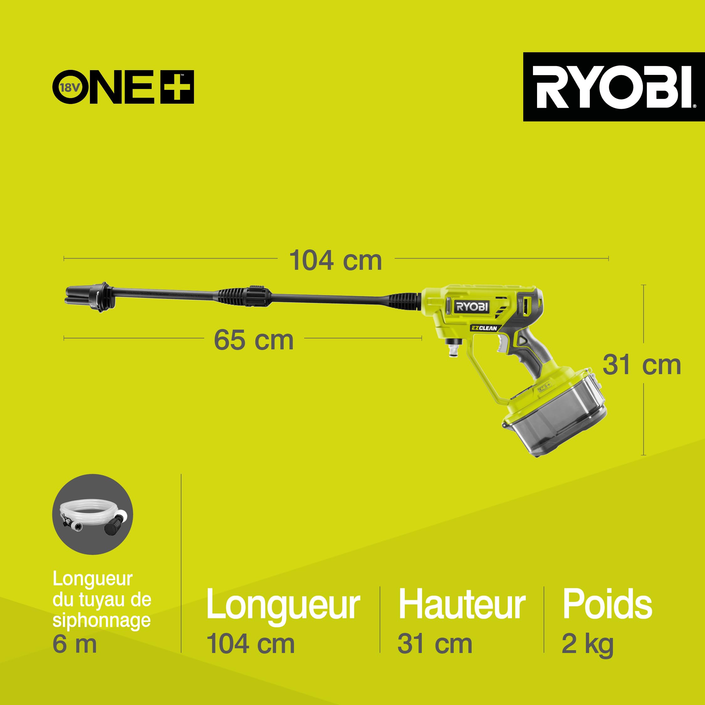 RYOBI - Pistolet Haute Pression sans Fil 18V One+ RY18PW22A-0 – Pression 22 Bar, Réservoir Eau, Léger et Mobile, Nettoyage léger et Rinçage Uniquement – Batterie Non Incluse