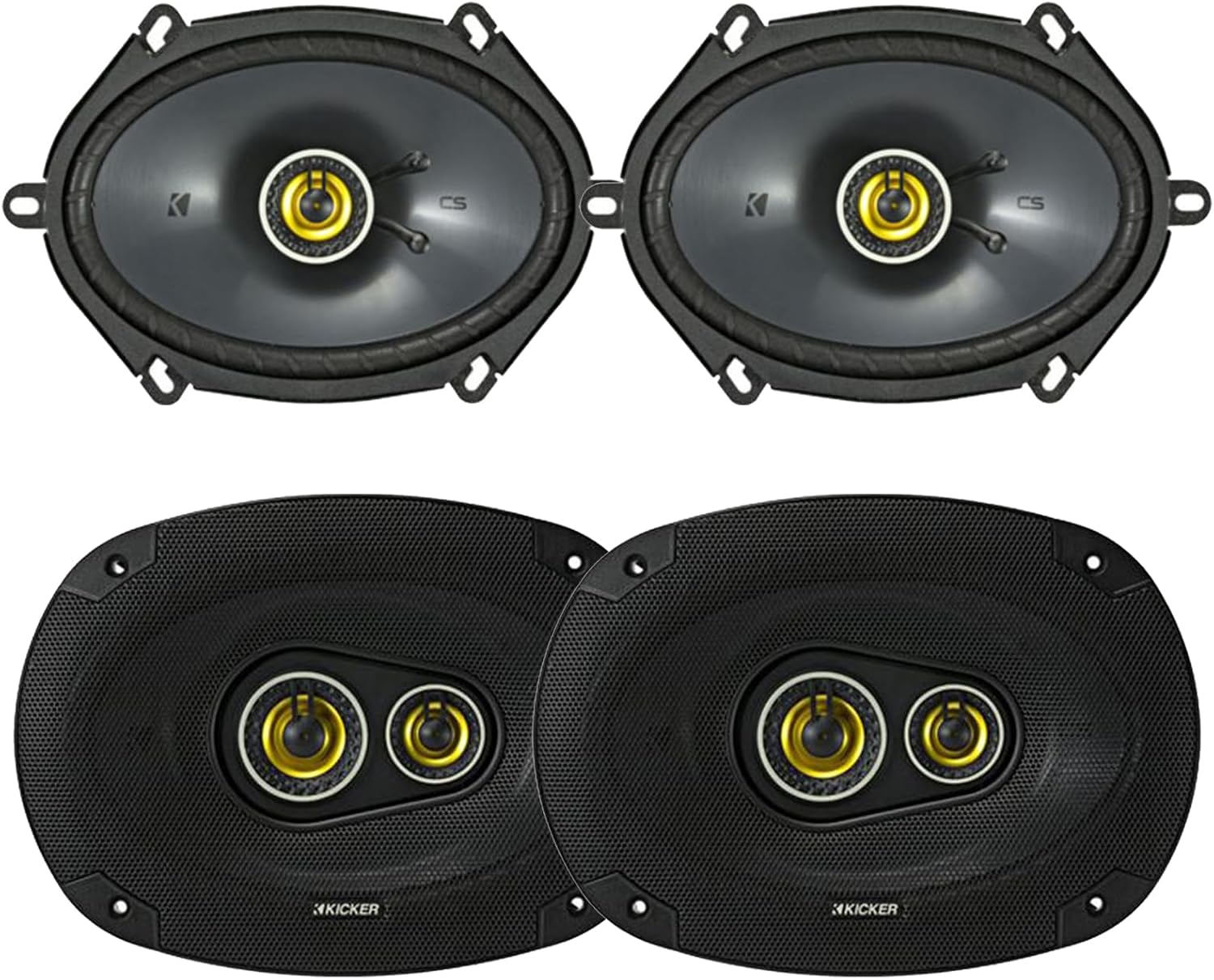 KICKER 6x8 225 Watt Max Power 4 Ohm 2-Way Car Audio Coaxial Speakers (Pair) and 6x9 450 Watt Peak Power 3-Way Vehicle Audio Speakers (Pair)