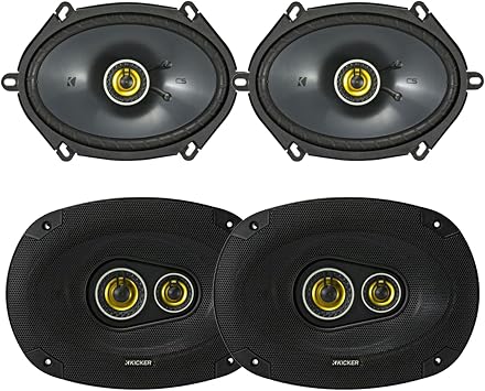 KICKER 6x8 225 Watt Max Power 4 Ohm 2-Way Car Audio Coaxial Speakers Pair and 6x9 450 Watt Peak Power 3-Way Vehicle Audio Speakers Pair