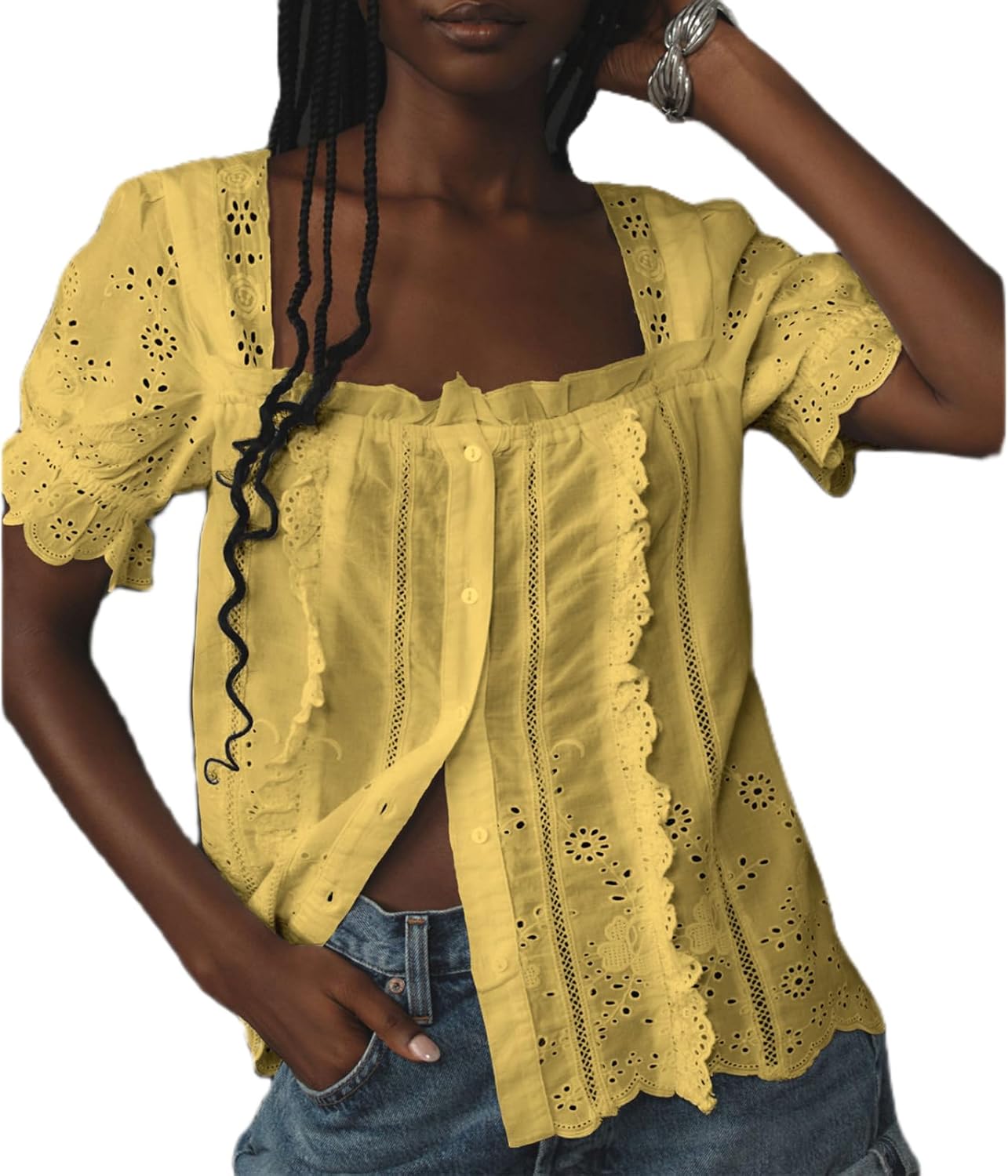 Women Y2k Ruffle Trim Front Button Up Blouse Crop Tops Eyelet Square Neck Shirt Puff Short Sleeve Going Out Top