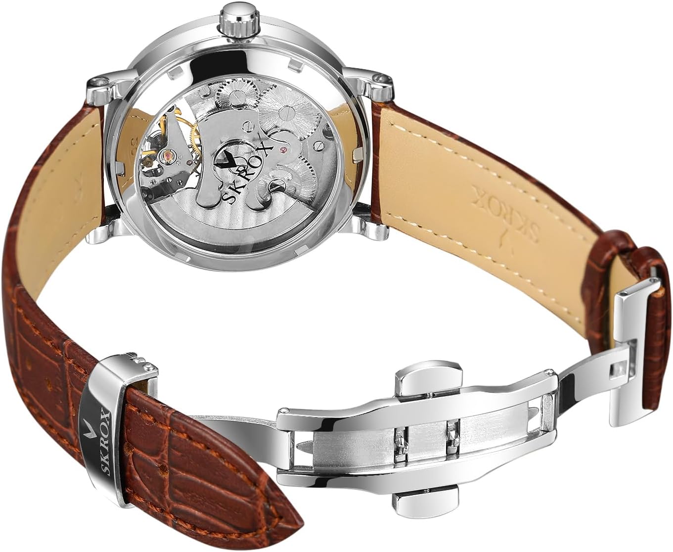 FORSINING Men Automatic Watches Tourbillon Skeleton Watch Moon Phase Wrist Watch (Moon Phase Silver Brown)