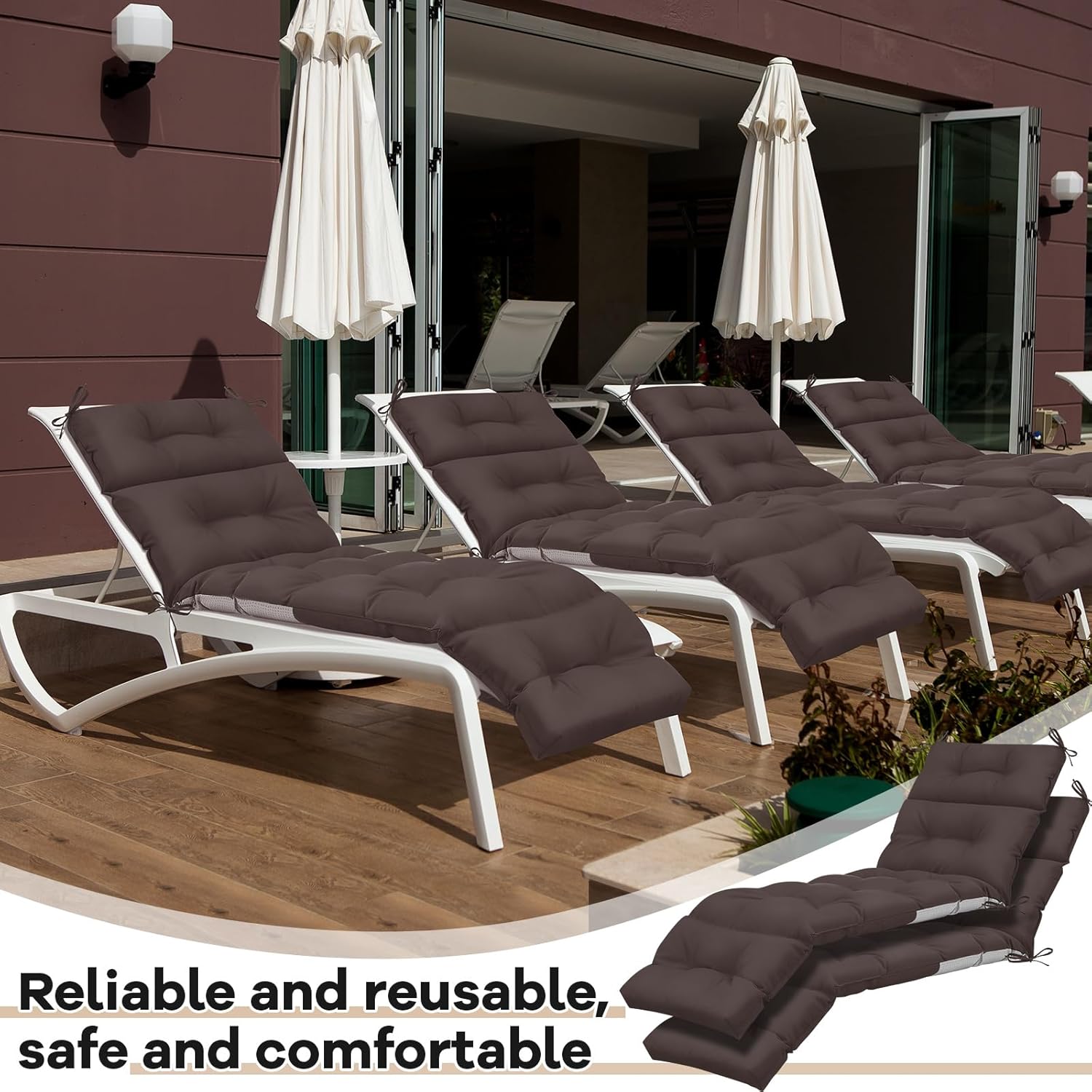 Kigley Chaise Lounge Cushions Outdoor, 75 x 22 x 5 Inches Patio Lounge Chair Cushions, Water-Repellent and Fade-Resistant, Tufted Summer Seasonal Replacement(Solid Color,Dark Brown,2 Pcs)