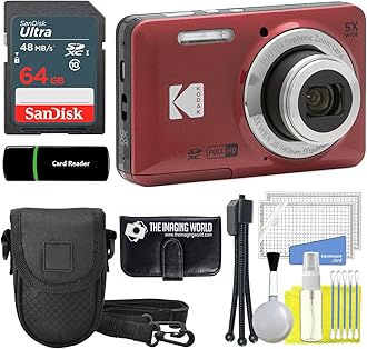 The Imaging World Kodak PIXPRO FZ55 16MP Red Digital Camera, 5X Optical Zoom, 28mm Wide Angle, 1080P, 2.7" Full HD LCD Camera, 64GB Card & Reader + Case + Memory Wallet +