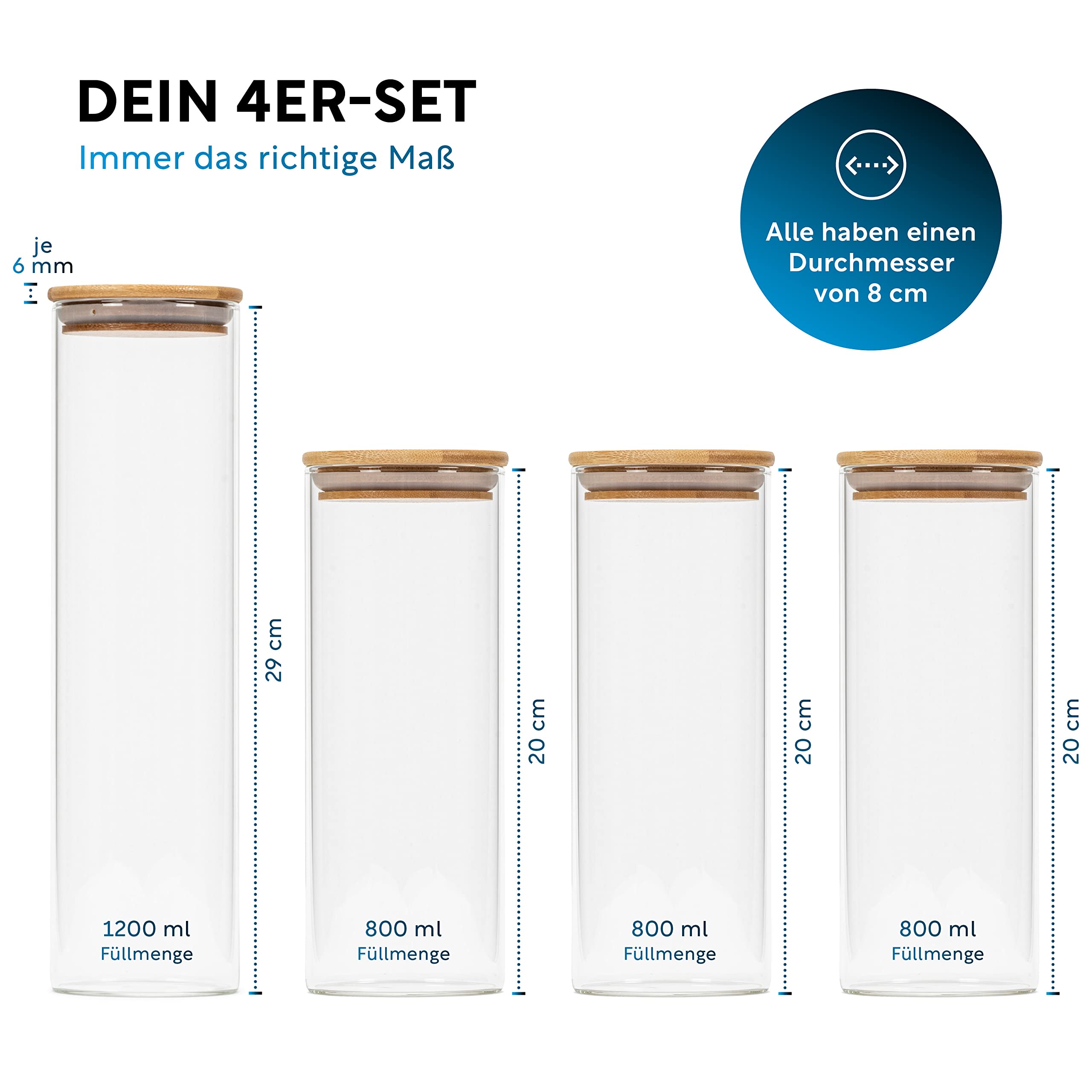 Tarros De Almacenamiento CLIDOR - Juego De 4 Con Tapa Hermética - Cristal De 3 Mm, 1x1200ml + 3x800ml - Ideales Para Cocina, Alimentos Secos Y Decoración