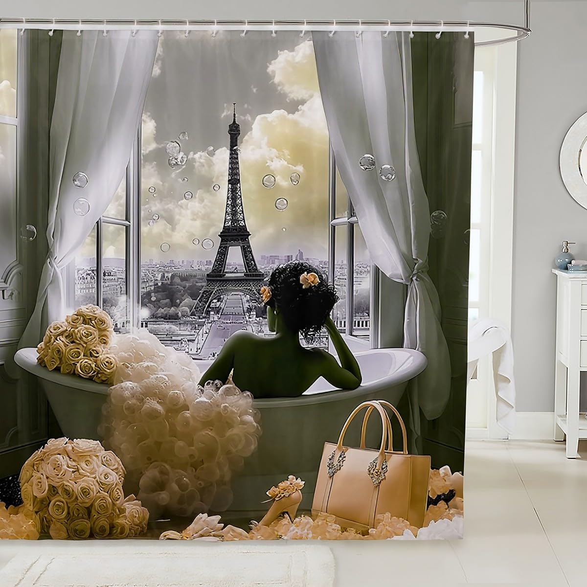 Erosebridal Gold Paris Shower Curtain Set,Eiffel Tower French Style Bathroom Decor for Women Girls,African American Black Girl Bathroom Set,Gold Rose Floral Fabric Shower Curtain 72" Wx84 L