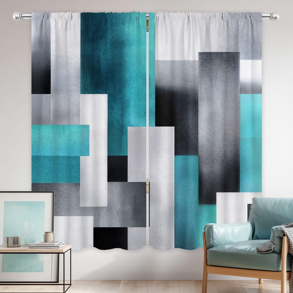 Riyidecor Black Orange Grey Abstract Curtains 42Wx63H Inch Modern Colorful Block Geometric Rod Pocket Aesthetic Minimalist Contemporary Window Curtain Drapes for Bedroom Living Room Treatment 2 Panels