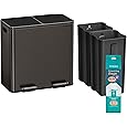 SONGMICS Trash Can, 2 x 8 Gallon (2 x 30 L) Garbage Can for Kitchen, with 15 Trash Bags, 2 Compartments, Plastic Inner Buckets and Hinged Lids, Airtight, Greenish-Gray ULTB60GS02