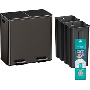 SONGMICS Trash Can, 2 x 8 Gallon (2 x 30 L) Garbage Can for Kitchen, with 15 Trash Bags, 2 Compartments, Plastic Inner Buckets and Hinged Lids, Airtight, Greenish-Gray ULTB60GS02