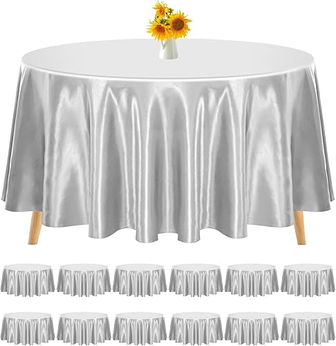 Paquete de 12 manteles redondos de 120 pulgadas, mantel de tela de satén plateado para mesa redonda, resistente a las arrugas, lavable, mantel de