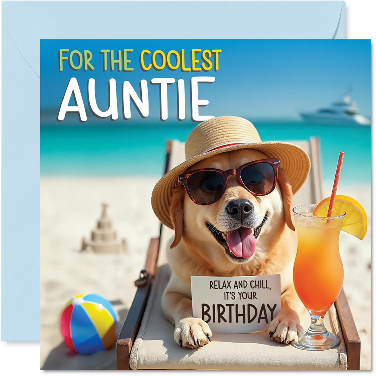 Auntie Birthday Card - Chill Beach Dog - Happy Birthday Card for Auntie from Nephew Niece, 145mm Chill Beach Dog Bday Greeting Cards