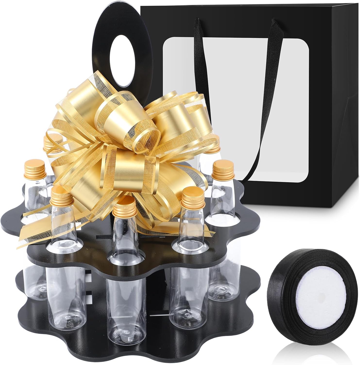 13 Pcs Mini Liquor Bottle Party Display Set with 9 Pcs Mini Liquor Bottle, Giant Gift Bag, Golden 3D Flower and Ribbon 21st Birthday Holiday Celebration Decoration for Him or Her (Black)