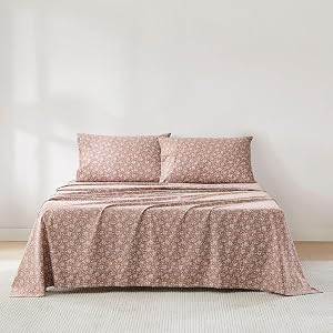 4-Piece 300 TC Eclectic Floral Cotton Bed Sheets Set Queen Size Block Print Vintage Flowers Pattern Bohemian Shabby