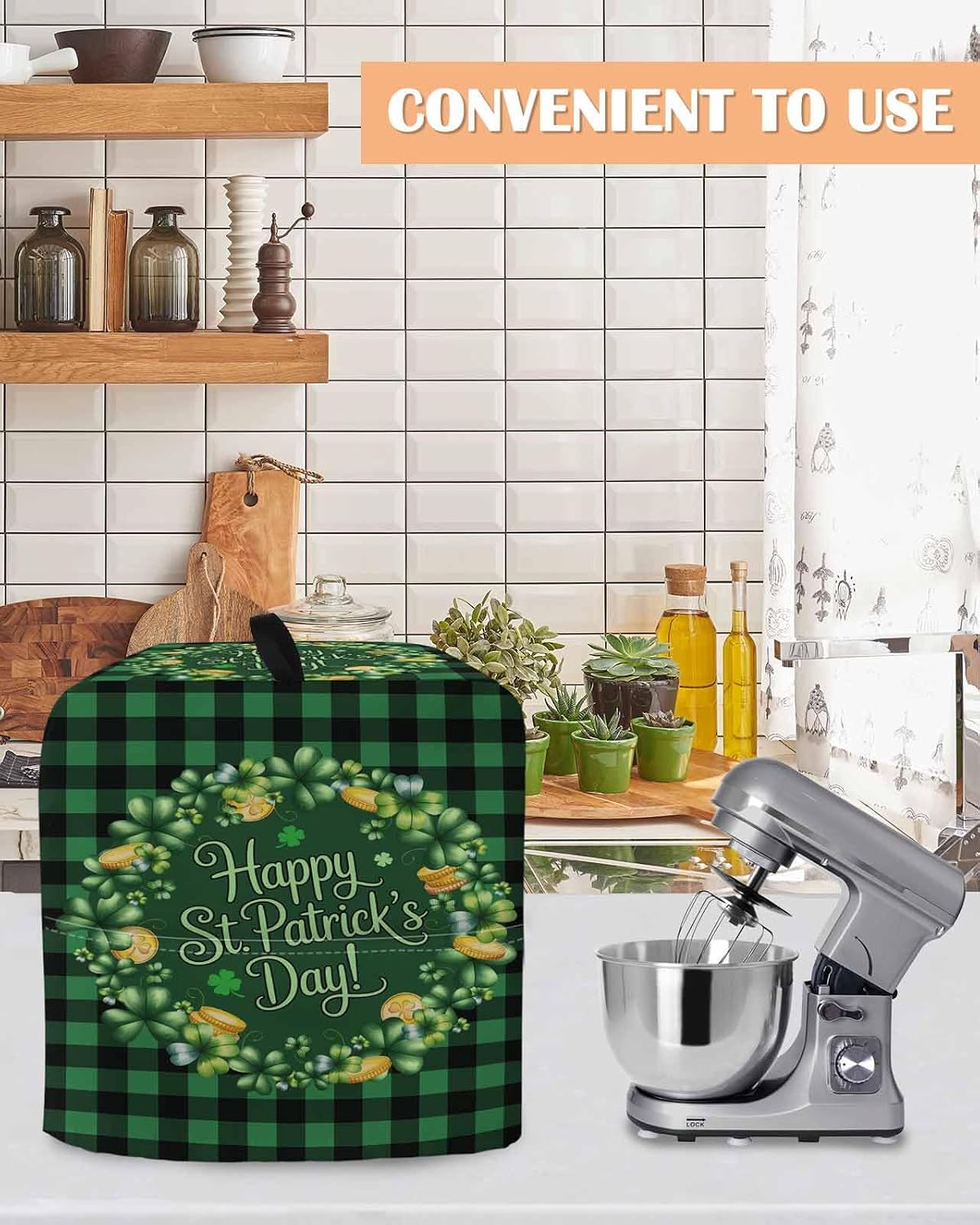 St Patricks Day Stand Mixer Cover with Storage Pocket, Waterproof Kitchen Mixer Covers, Spring Gold Coin Green Shamrock Plaid Kitchen Appliance Dust Cover Compatible with 4/4.5 Quart Mixers