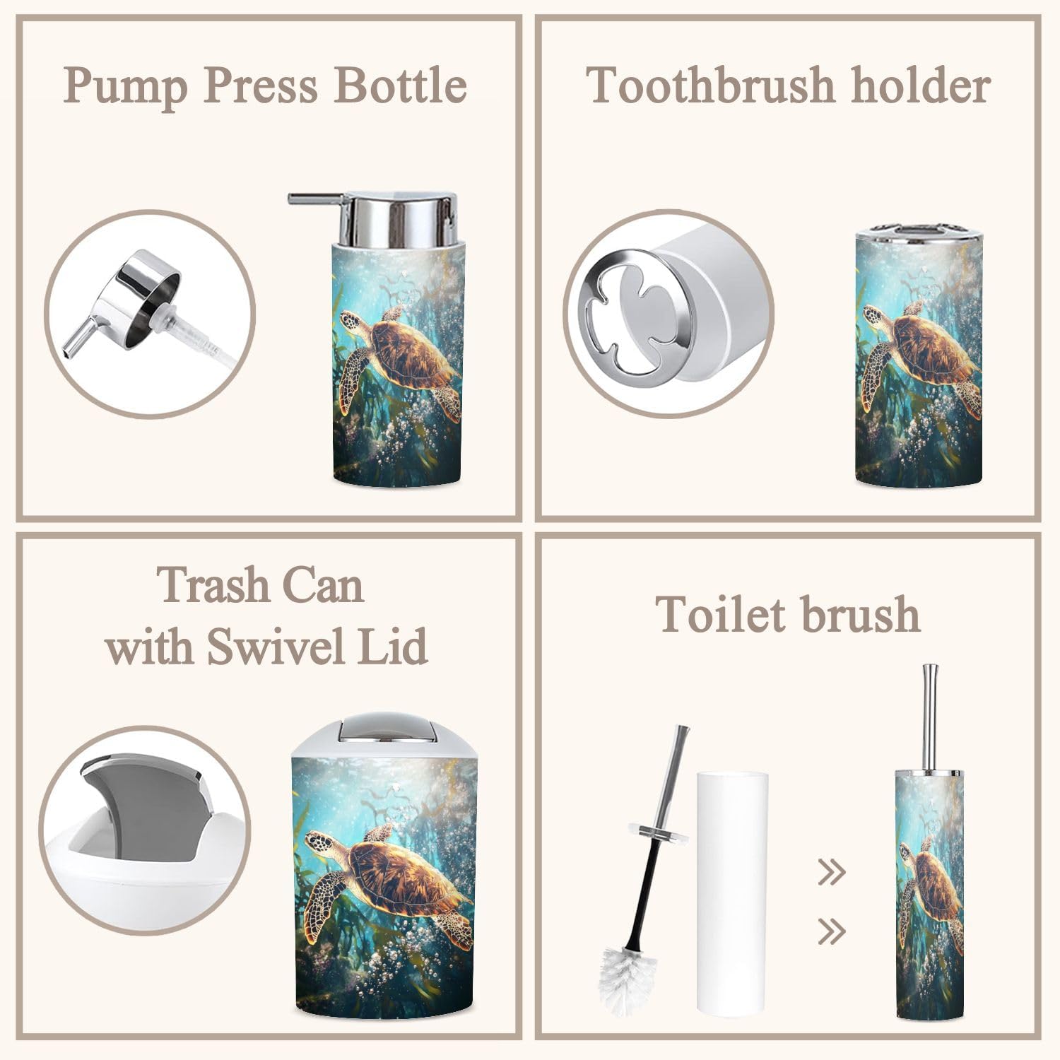 6 Piece Bathroom Accessories Set Sea Turtle Adventure Whimsical Kelp Forest Storybook Art Trash can Toilet Brush Holder Toothbrush Holder Toothbrush Cup Soap Dispenser Soap Dish for Home