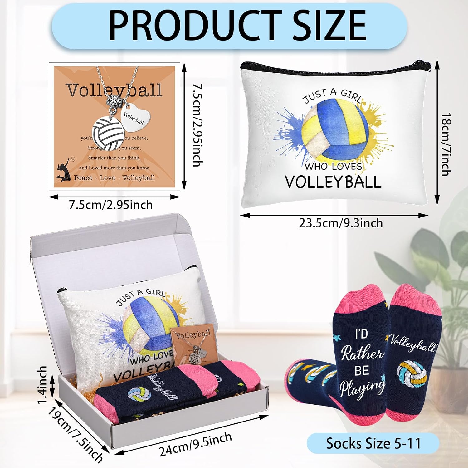 5 Pcs Volleyball Gifts Set for Women Volleyball Party Favors Stuff Includes Makeup Bag Necklace Earrings Socks Inspirational Sport Birthday Gifts for Team Players Sports Lovers image 2