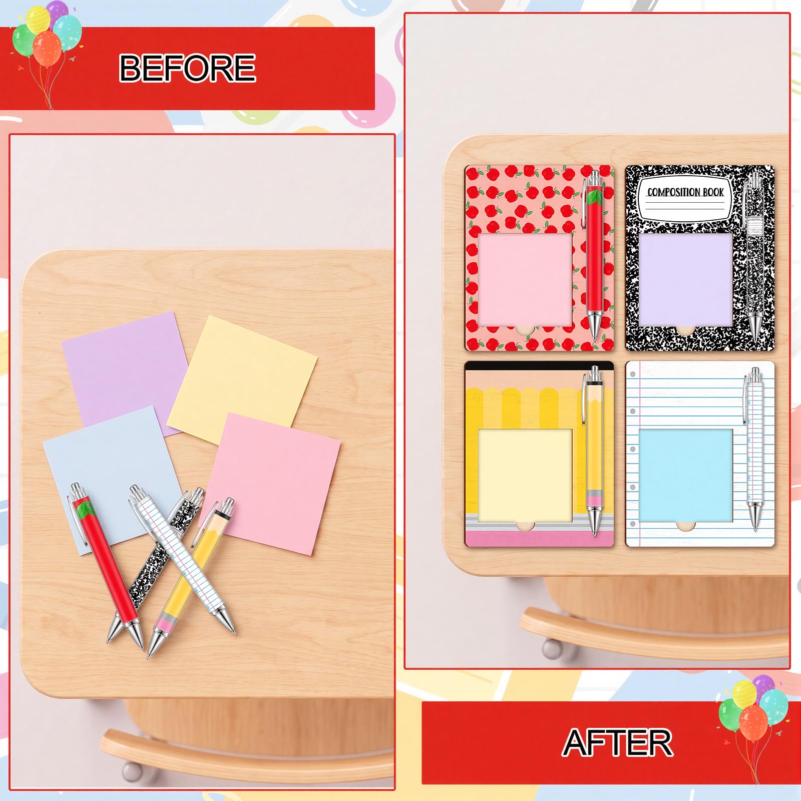 Eaasty 24 Set Back to School Stationery Gift, Black Gel Pen and Sticky Note Pad, Wooden Sticky Note Holder and Opp Bag, Teacher Appreciation Gift Bulk, School Supply and Office Accessory