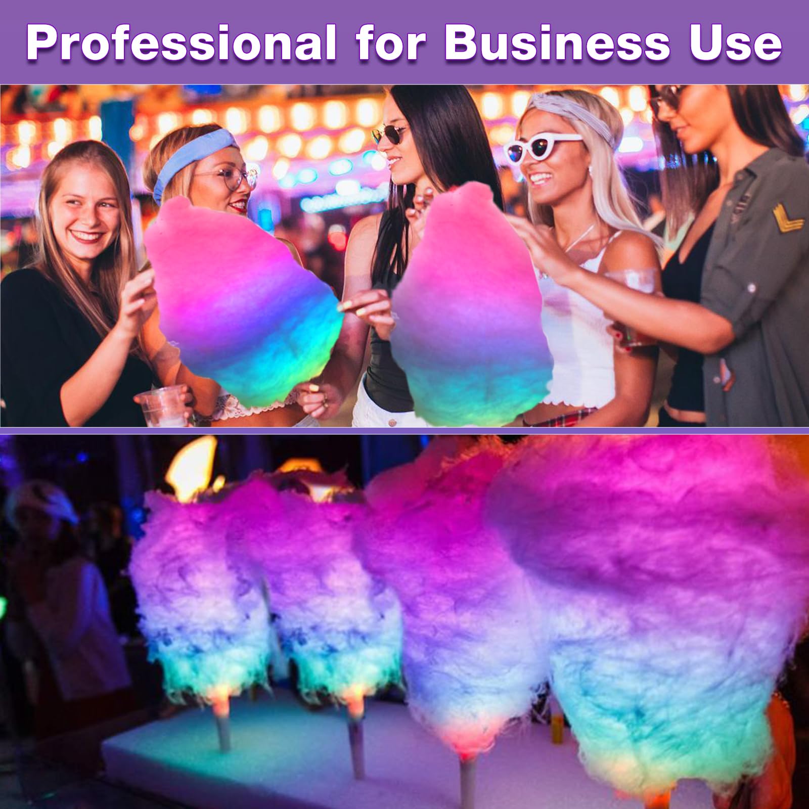 100 conos LED de algodón de azúcar, palitos de algodón brillantes para fiestas, soportes de algodón reutilizables e impermeables, colores vibrantes para Navidad, cumpleaños y eventos