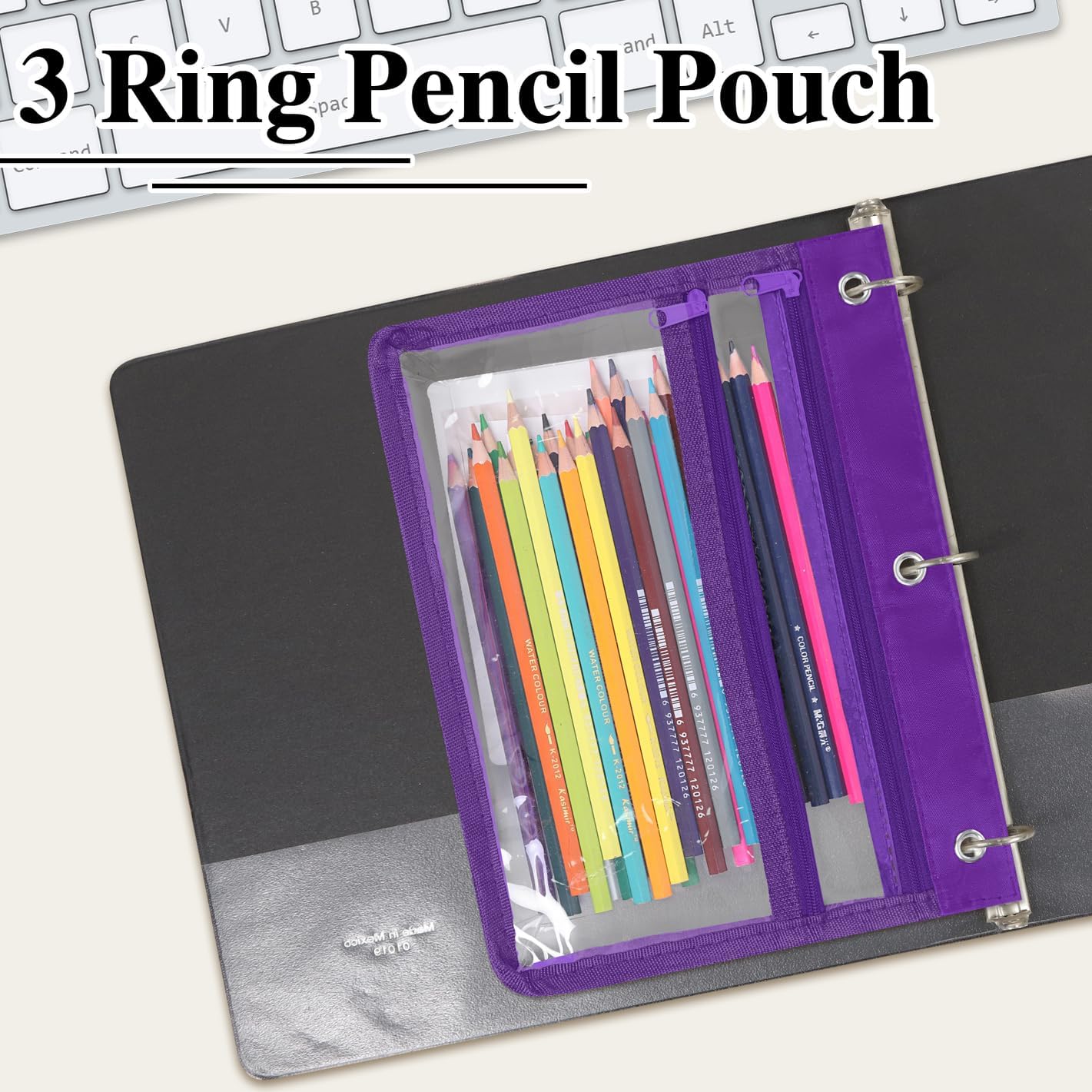 YoeeJob Pencil Pouch for 3 Ring Binder with 1.5 inch Expandable Large Capacity, Double Pockets Zipper Pencil Case, Pencil Binder Pouch for School Office Home, Purple image 4