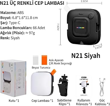 Coverzone Pocket Video Light LED Işık, 1200mAh Pil, 95+ CRI, 10W Güç, 2800-9000K, Type-C Şarj, Taşınabilir Video Işığı, Fotoğraf ve Video Çekim Işığı, Kompakt | N21