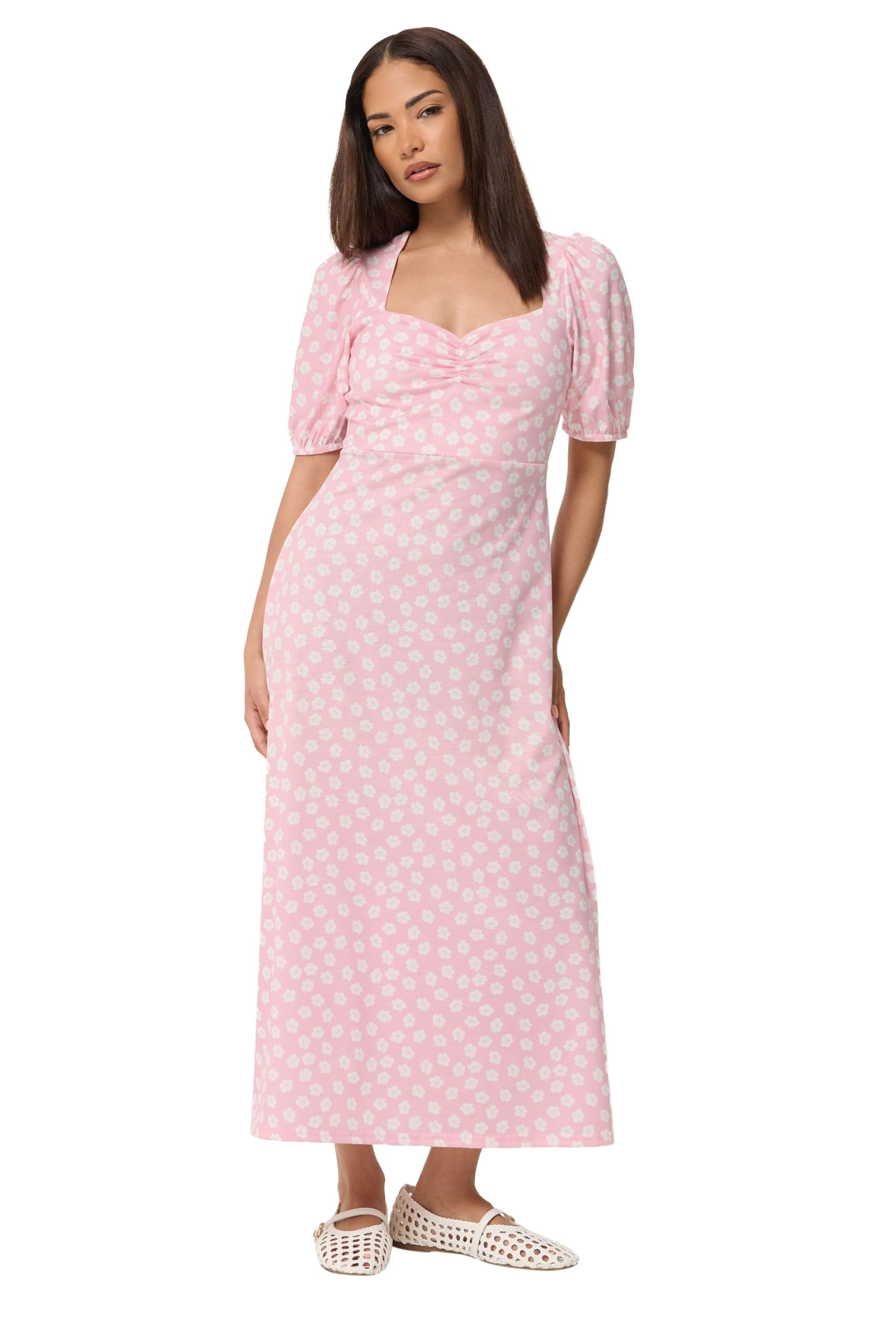 PixieGirl Women's Petite Floral Ruched Midi Dress in Baby Pink | Size: 14