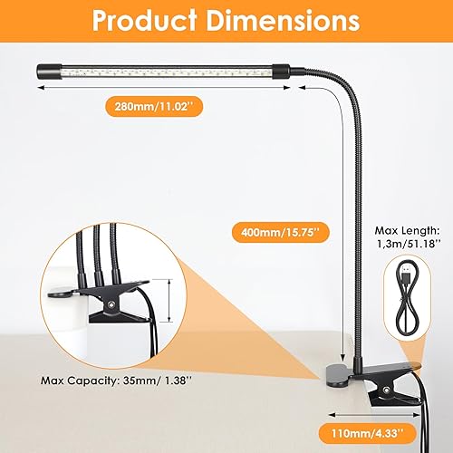 Miniatura 2 de ShineTech Lámpara de escritorio LED de 3 cabezales con abrazadera, luz de clip para el cuidado de los ojos para oficina en casa, 4 modos de color y