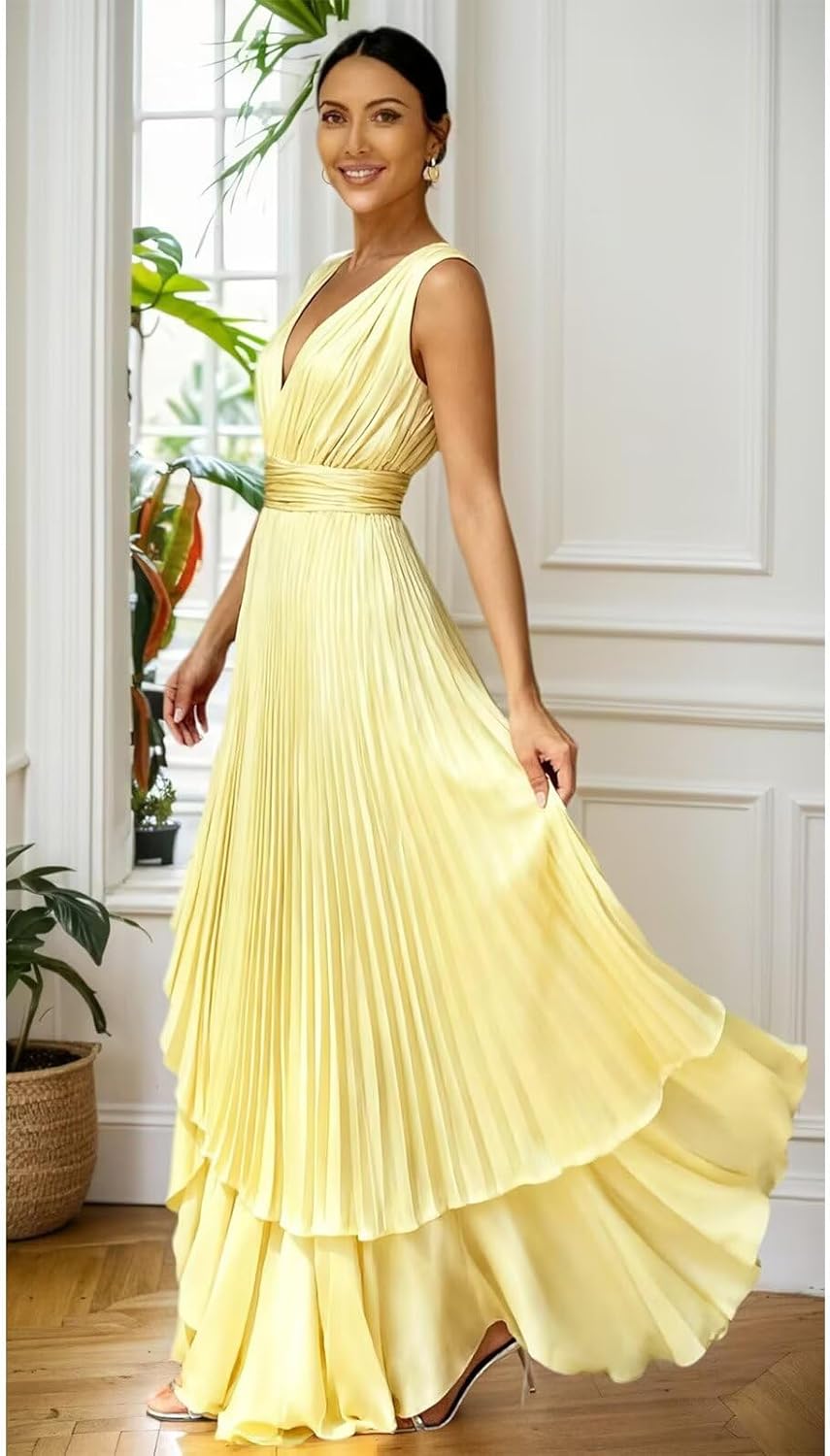 Pleated Satin Bridesmaid Dress for Women Bow V-Neck Formal Evening Dress