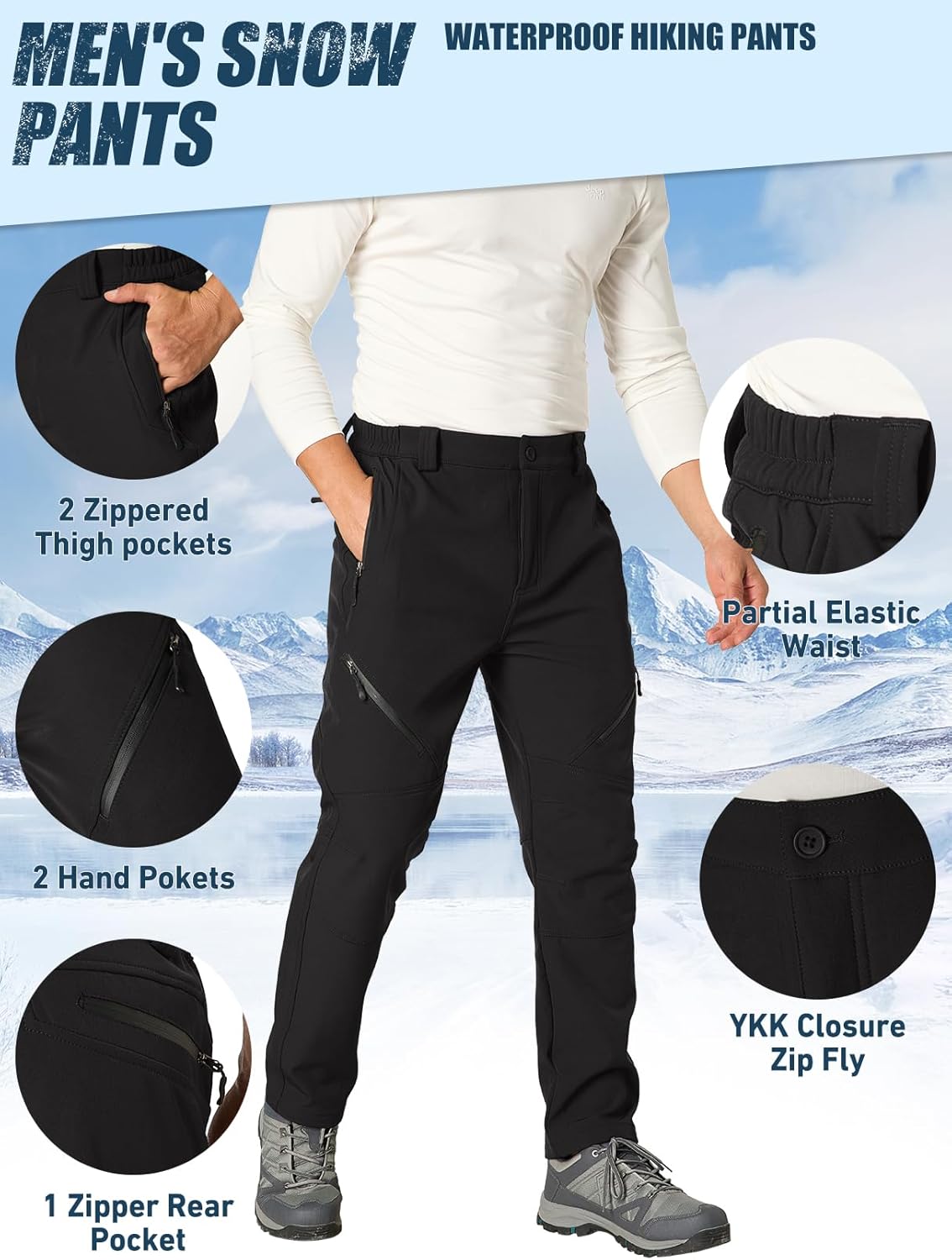 Men's Snow Ski Waterproof Fleece Lined Pants Winter Insulated Outdoor Hiking Mountain Softshell - Image 3