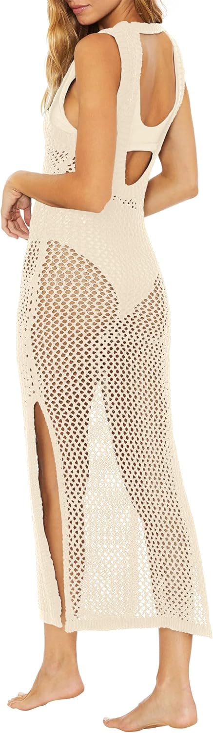 Ebifin Womens Sexy Cover Ups Crochet Dress Sleeveless Crew Neck Hollow Out Beach Cover Up Side Slit Knit Midi Dresses - Image 4
