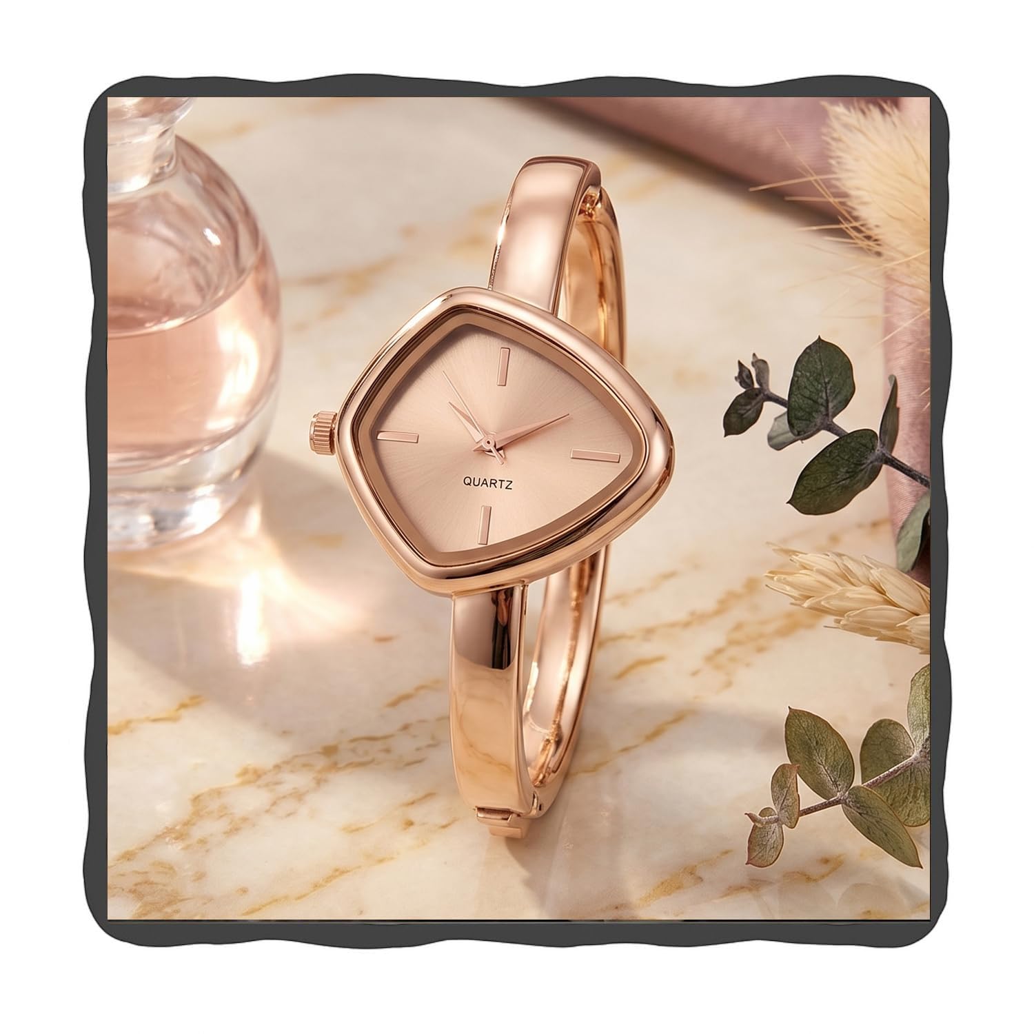 Analog Triangle Dial Bangle Ladies Gold Tone Cuff Bracelet Strap Ladies Minimalist Quartz Watch for Woman -WCH192-image-2