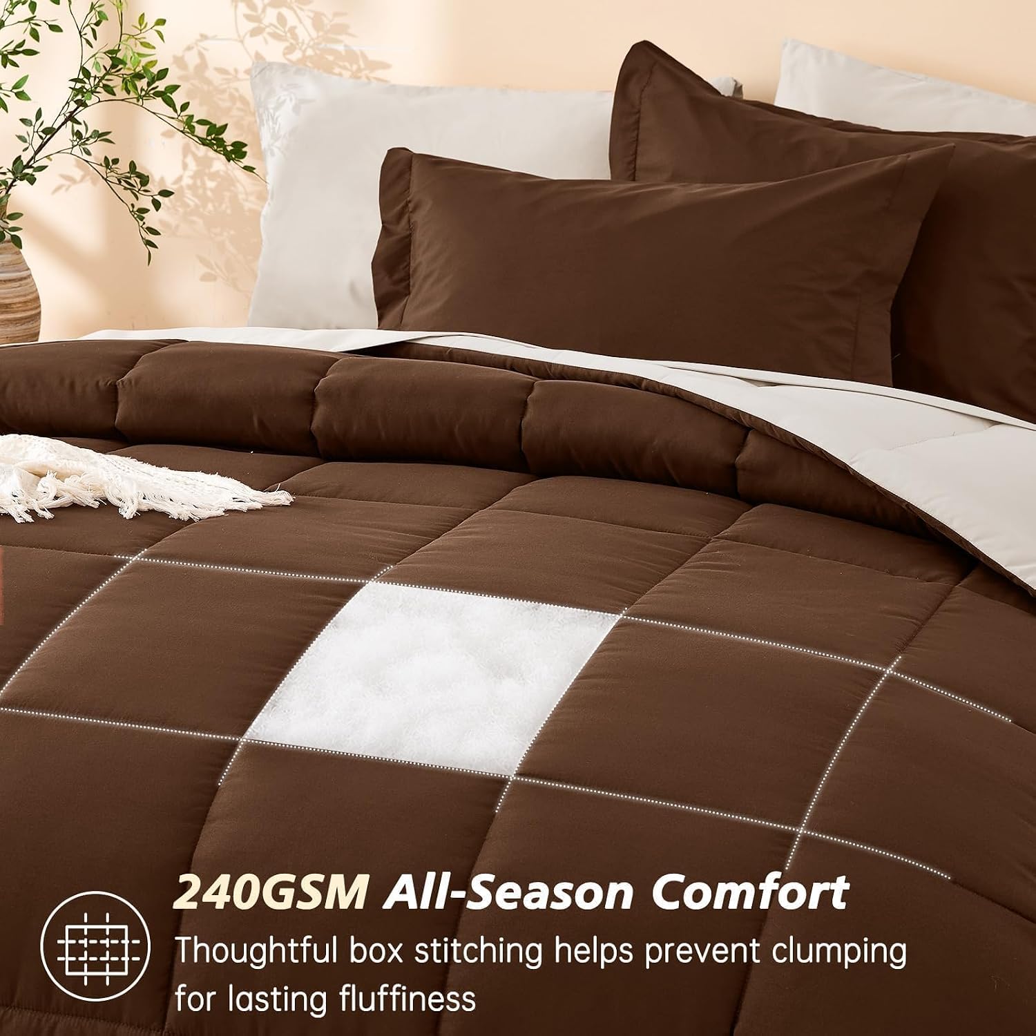 7 Pieces Brown Comforter Set Queen Size, Reversible Bed in a Bag Queen, All Season Bedding Set with Comforter, Flat & Fitted Sheets, Pillowcases & Shams, Brown & Beige image 4