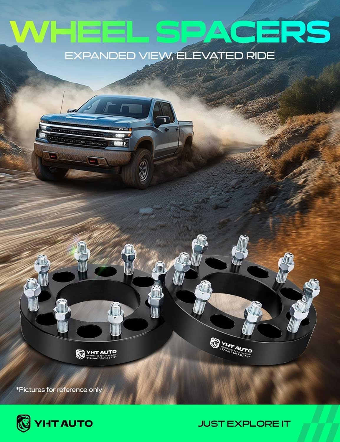 YHTAUTO 8x6.5 to 8x180 Wheel Adapters 1.5 inch Fits Chevrolet, GMC Models, Silverado 1500 2500, Sierra C/K Express Savana 2500/3500, 8 Lug Black Spacers w/ M14x1.5 & 12.9 Studs, 117 mm Center Bore