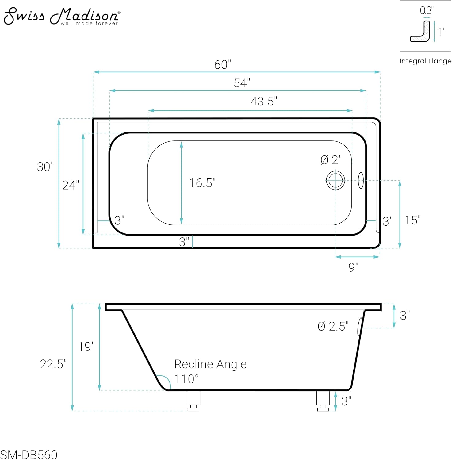 Swiss Madison Voltaire 60" x 30" Right-Hand Drain Alcove Bathtub