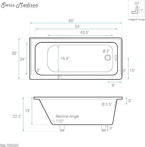 Miniatura 79 de Swiss Madison Well Made Forever SM-DB561 Voltaire - Bañera acrílica de drenaje para zurdos de 48 x 32 pulgadas, 48 x 32 pulgadas, color blanco